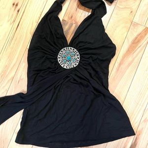 Jagger black halter top with jewel center, Size Large